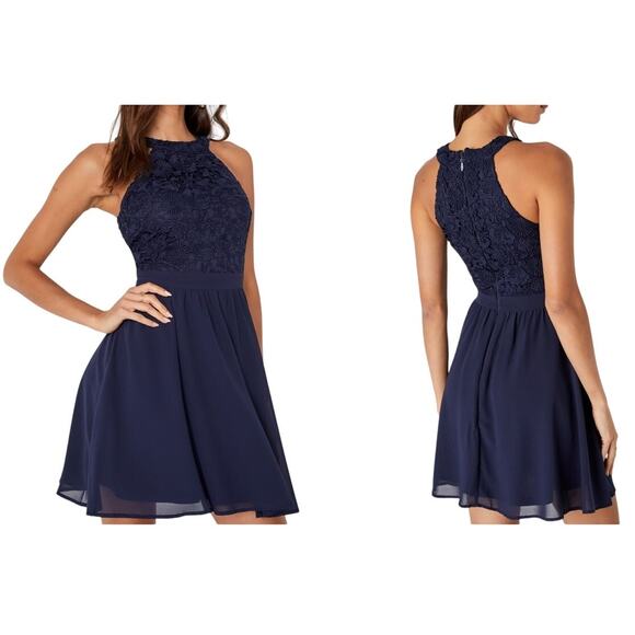 Lulus Lover's Game Navy Lace Skater Mini Dress Size XS Romantic Coquette Halter - Picture 1 of 12